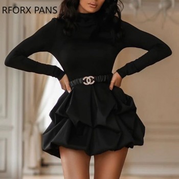 Solid Long Sleeve Mini Bud Dress Party Dress Black Dress Women Dress
