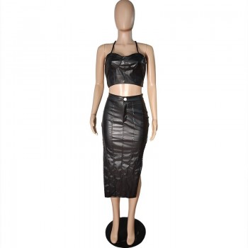 Gold Chain Back Leather Skirt Set Womens Black PU Faxu Leather Matching Outfits 