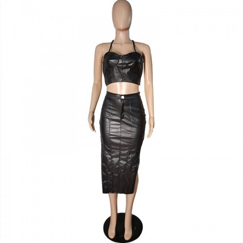 Gold Chain Back Leather Skirt Set Womens Black PU Faxu Leather Matching ...