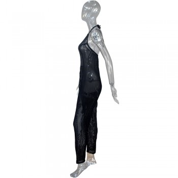 Halter Neck See-Through Sequin Design Jumpsuit Chic Womens Sleeveless Black Sequins