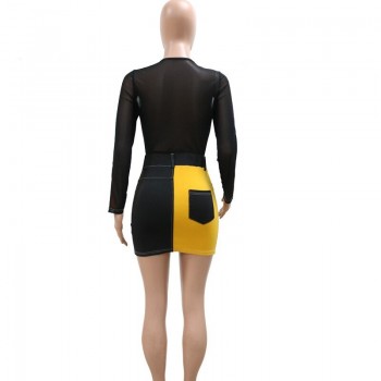 Chic Zippers See Through Mesh Patchwork Mini Dresses Women Fashion Long Sleeve Pocket