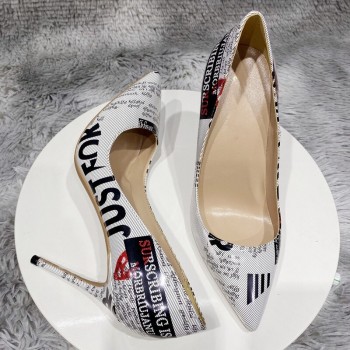 Newspaper Printed Women Patent Pointy Toe High Heel Shoes Slip On Stiletto Pumps