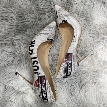 Newspaper Printed Women Patent Pointy Toe High Heel Shoes Slip On Stiletto Pumps