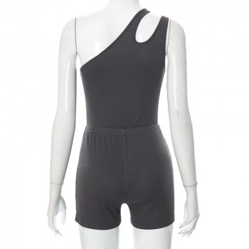 Sleeveless Hollow Out Bodysuit Elastic Waist Shorts Solid Color 2 Piece Set Women
