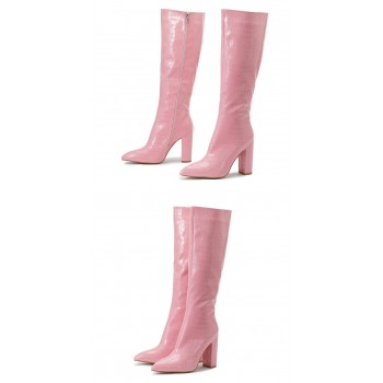 Motorcycle Women Pointed Toe Zip Knee High Boots Fashion Pink Snake Print Square Heels
