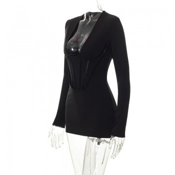 Long Sleeve Black Bodycon Fit Mini Dress Party Office Streetwear