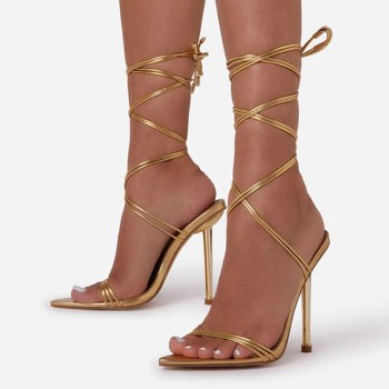 Gladiator Heels Sandals For Women Fashion Pointed Open Toe Lace-Up Stiletto Red Gold Black