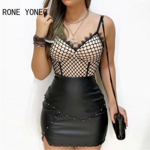Women Chic Solid Rivet small silt PU leather Bright Line Decoration Bodycon Black skirts
