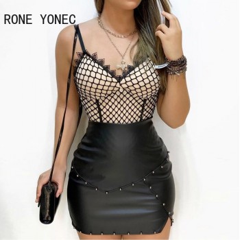 Women Chic Solid Rivet small silt PU leather Bright Line Decoration Bodycon Black skirts