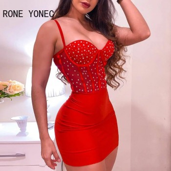Women Solid Cami Studded Spaghetti Strap Mini Bodycon Sexy Party Red Dress
