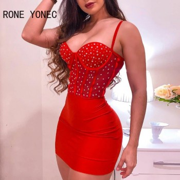 Women Solid Cami Studded Spaghetti Strap Mini Bodycon Sexy Party Red Dress