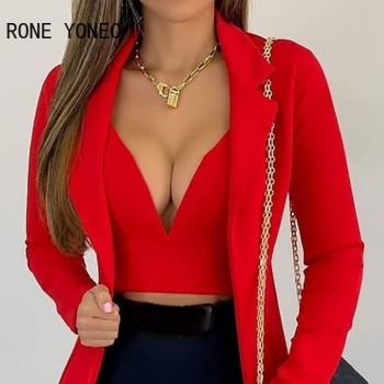 Women Solid Sexy Deep V - neck Crop Cardigan Long Sleeves Bodycon Red Blazer Sets