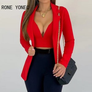 Women Solid Sexy Deep V - neck Crop Cardigan Long Sleeves Bodycon Red Blazer Sets