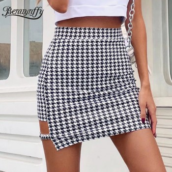 Black and White Houndstooth Print Skirts Women 2021 Summer Fashion High Waist Cut Out Bodycon Mini Skirt