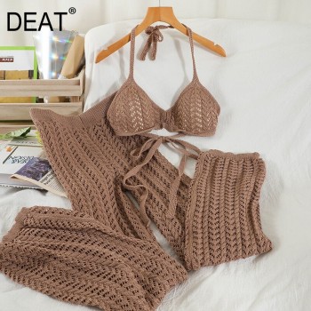 Women Knitting Sling Nackless Sexy Bra Long Pants New Arrivals Two Piece Set Brown White Black