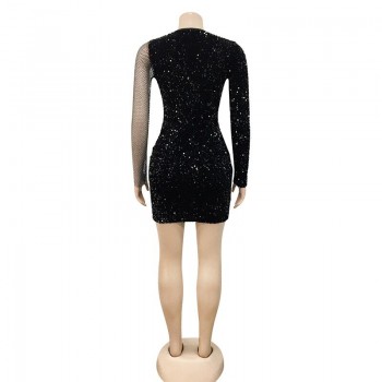 Glitter Sequins Patchwork Sexy Dresses Party Night Club Dress Glam Long Sleeve 