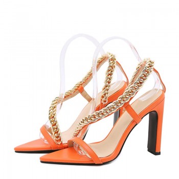 Women Pointed Toe Square High Heels Metal Chain Designer Sandals 
