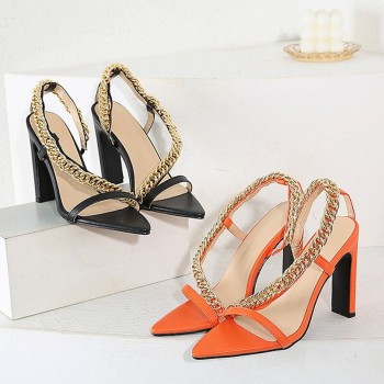 Women Pointed Toe Square High Heels Metal Chain Designer Sandals 