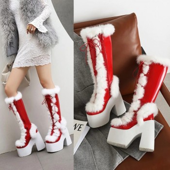  Knee High Boots Winter warm thick plush Square High Heel high Quality Snow boots for women