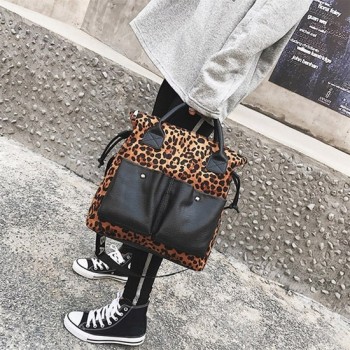 Large Capacity Women Handbag Purse Leopard Patchwork Shoulder Bag Brown Khaki