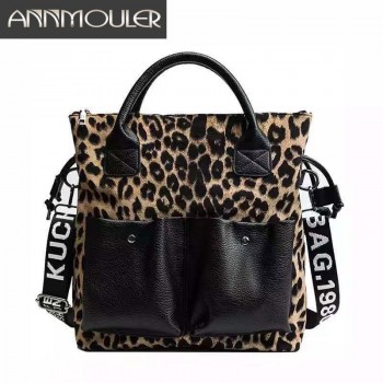Large Capacity Women Handbag Purse Leopard Patchwork Shoulder Bag Brown Khaki