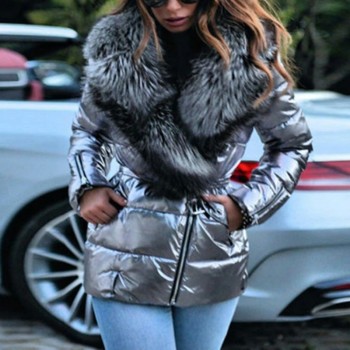 Women Solid Large Fur Collar Zipper Slim Coat Winter Fashion Lapel Bright Face Pocket Cotton Jacket Coat Silver Black