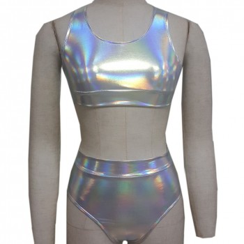 Holographic Crop Top Sets Laser 2 Piece Sets Rave Fetival Clothes Outfits Hologram Tank Top High Waist Shorts Bikini Bottoms
