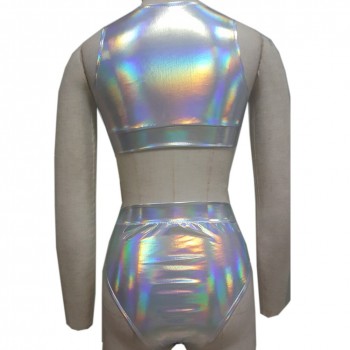 Holographic Crop Top Sets Laser 2 Piece Sets Rave Fetival Clothes Outfits Hologram Tank Top High Waist Shorts Bikini Bottoms