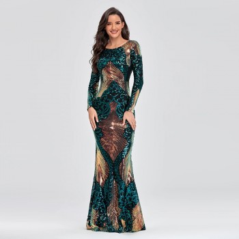 O-neck Long-Sleeve Shinning Sequins Evening Dresses Sexy Backless Mermaid Party Gowns Maxi 
