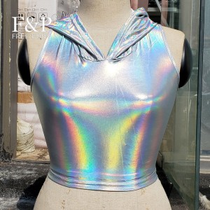 Silver Holographic Women Hoodies Top Rave Festival Lace up Top 