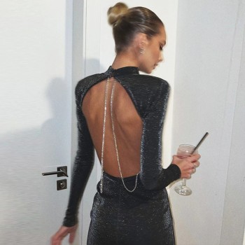 Backless Chain Glitter Party Dress for Women Clothes Black