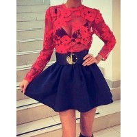 Alluring Round Collar Long Sleeve See-Through Spliced Dress For Women red