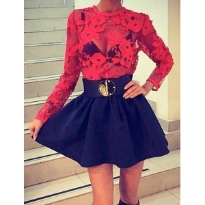 Alluring Round Collar Long Sleeve See-Through Spliced Dress For Women red