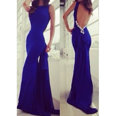 Alluring Round Collar Sleeveless Backless Bowknot Embellished Dress For Women blue