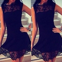 Alluring Sleeveless Round Neck Spliced Hollow Out Dress For Women black