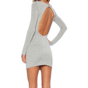 Brief Scoop Neck Long Sleeve Backless Solid Color Dress For Women gray