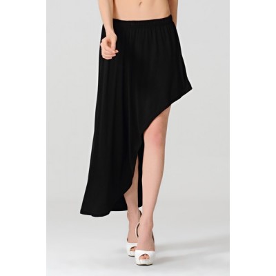 Casual Elastic Waist Solid Color Asymmetrical Skirt For Women black
