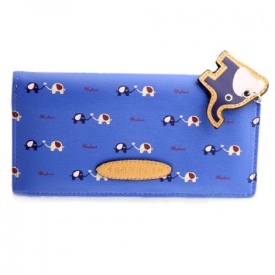 Cute Women's Clutch Wallet With Elephant Pendant and Color Block Design blue