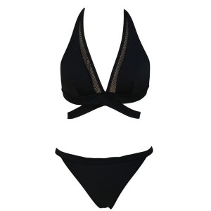 Fashionable Women's Halter Openwork Bikini Set black