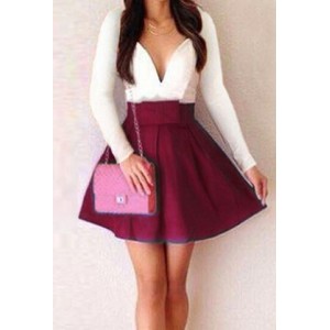 Fashionable Women's Plunging Neckline Color Block Long Sleeve Dress wine red