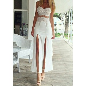 Fashionable Women's Spaghetti Strap Side Slit Lace Dress white