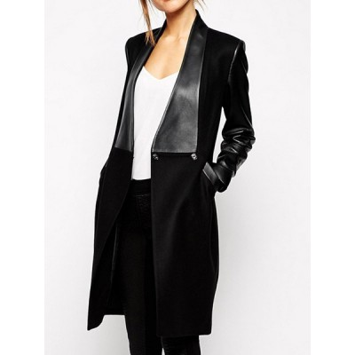 Fashionable Women's Turn-Down Collar Long Sleeve PU Leather Splicing Coat BLACK
