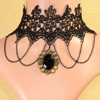 Gothic Faux Gem and Tassels Design Women's Lace Necklace black