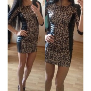 Jewel Neck Half Sleeves Leopard Print PU Leather Splicing Stylish Dress For Women