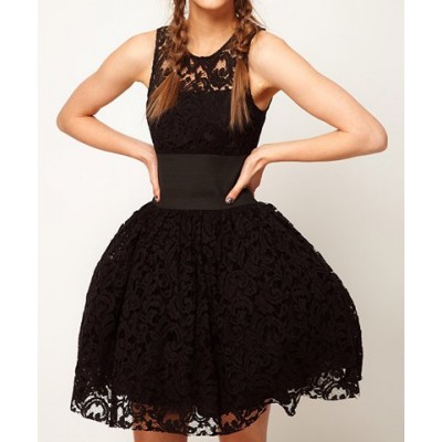 Ladylike Scoop Collar Openwork Lace Sleeveless Waisted Slimming Ball Gown Dress black