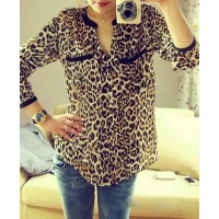 Leopard Print Long Sleeve Stand-Up Collar Single-Breasted Shirt For Women