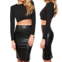 Long Sleeves Backless Short T-Shirt and PU Leather Skirt Sexy Suit For Women black