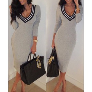 Plunging Neck Long Sleeves Striped Splicing Sexy Dress For Women gray