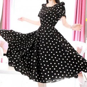 Polka Dot Print Beam Waist Scoop Neck Color Block Short Sleeve Casual Dress For Women black