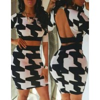 Scoop Neck Print Backless Short T-Shirt and Skirt Stylish Suit For Women black white